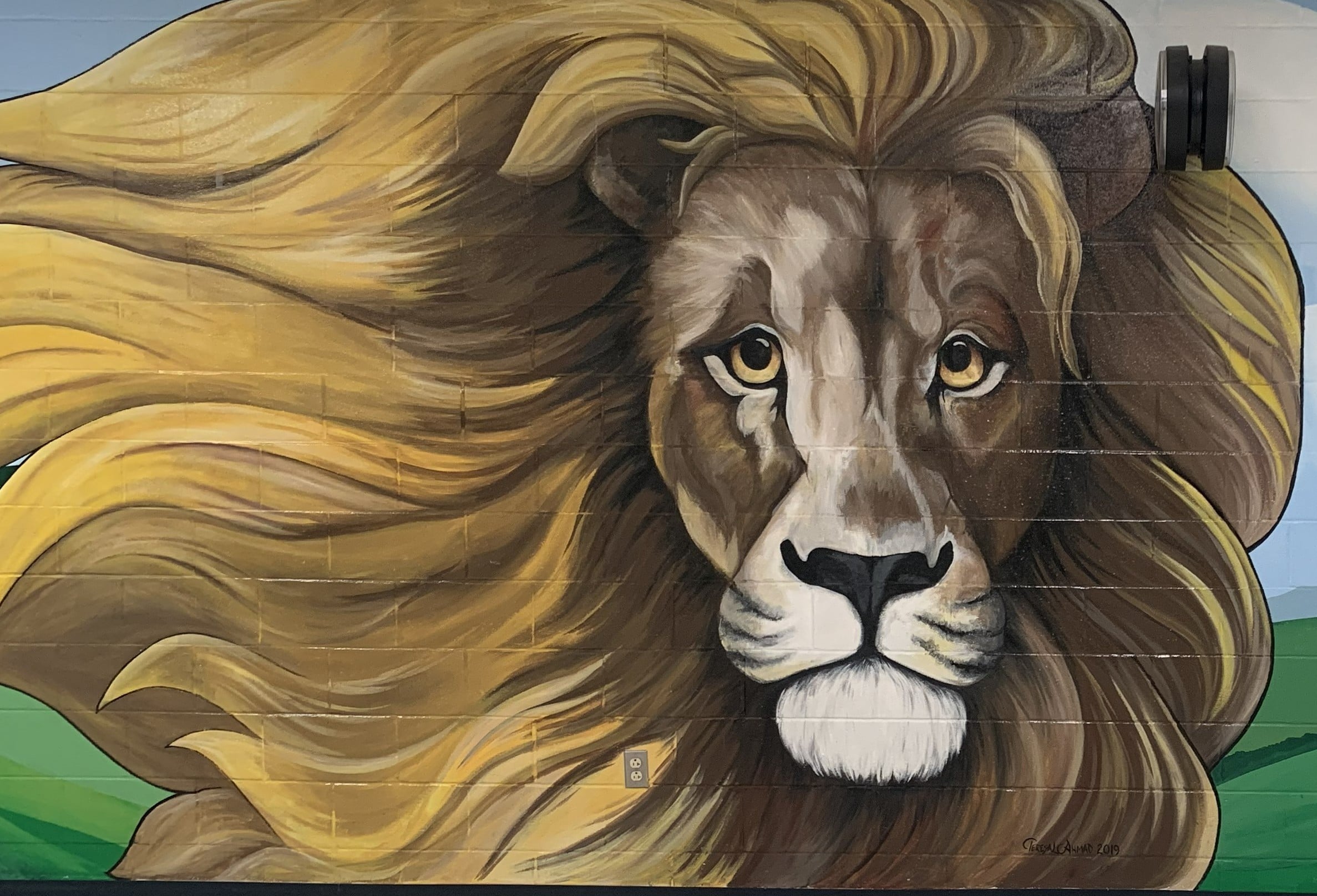Mural of a lion in the Lake Ridge Elementary School library